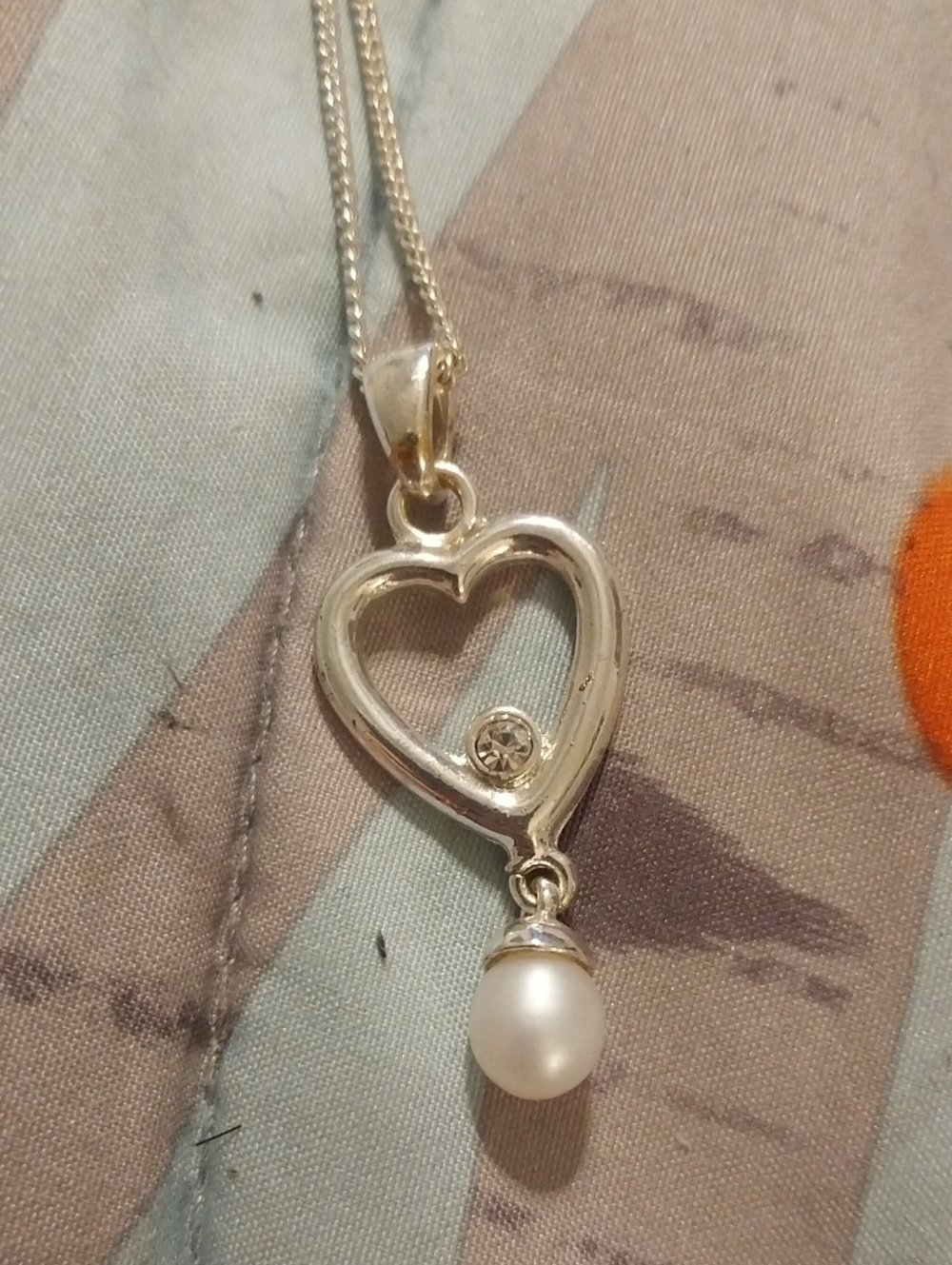 Silver Heart Pendant Necklace with Pearl Drop - White
